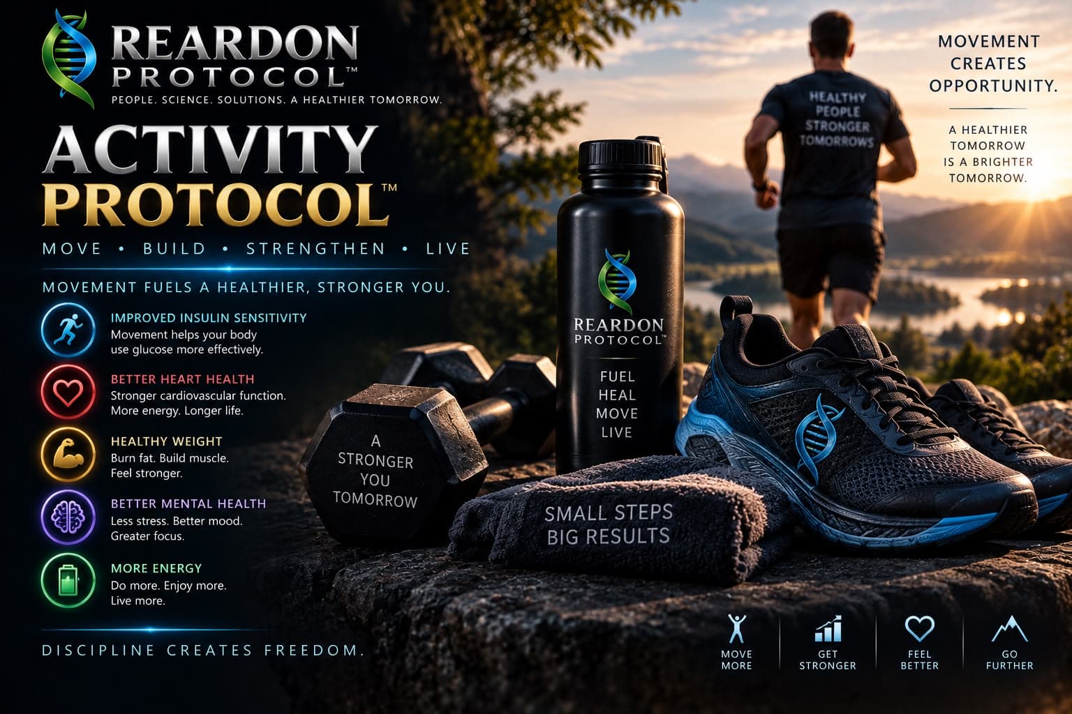 A runner at sunrise above running shoes, dumbbells and a water bottle, beside a list of benefits: insulin sensitivity, heart health, healthy weight, mental health and more energy.