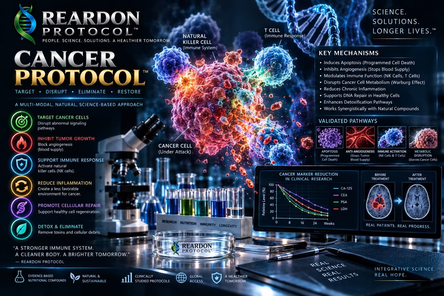 A dark laboratory scene with immune cells attacking a cancer cell, a list of key scientific mechanisms, a biomarker trends chart and brain scans labeled before, during and after.
