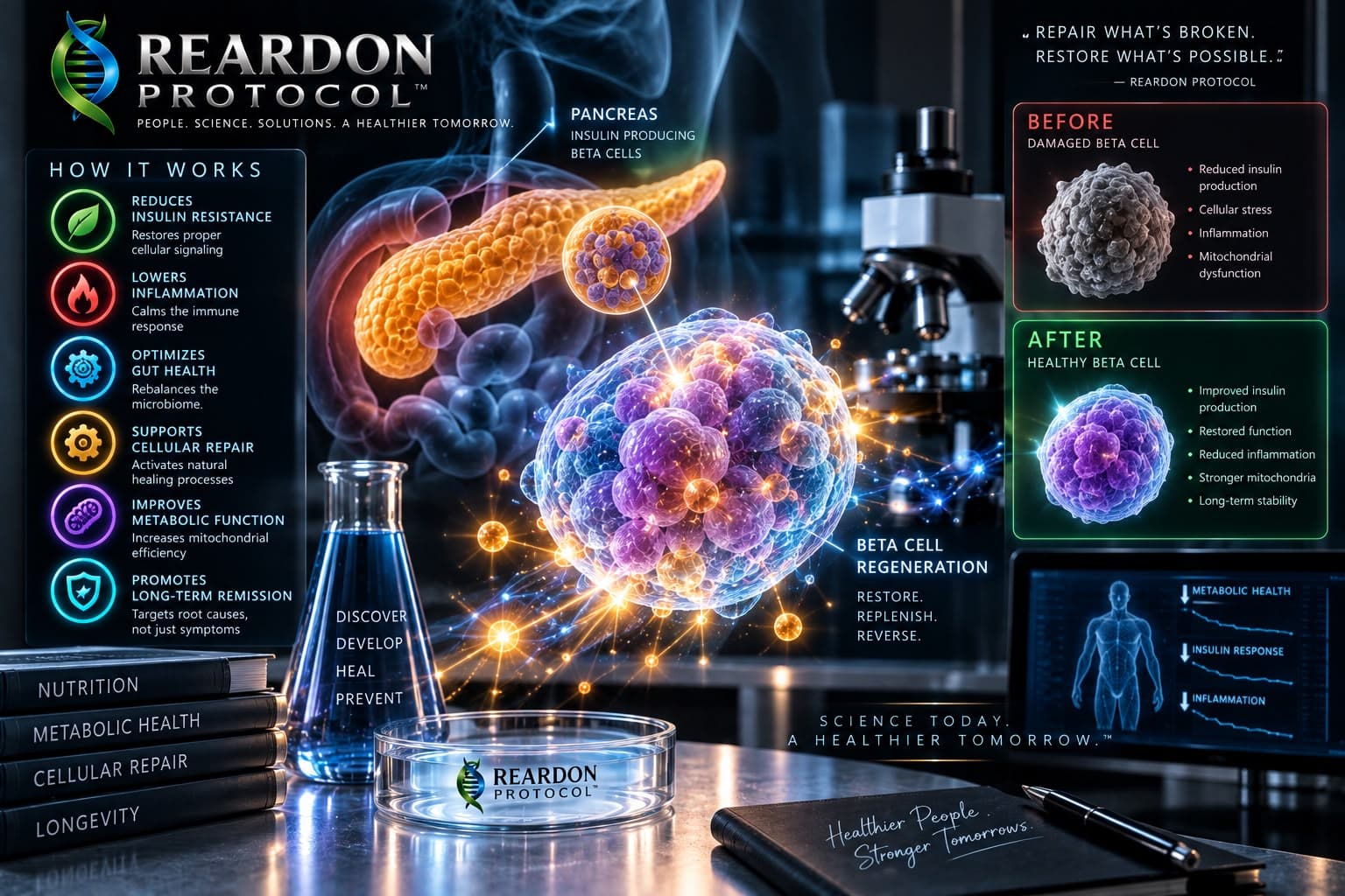 An illustration of the pancreas with a glowing beta cell, comparing a damaged beta cell before with a healthy beta cell after, beside a list of how the protocol works.