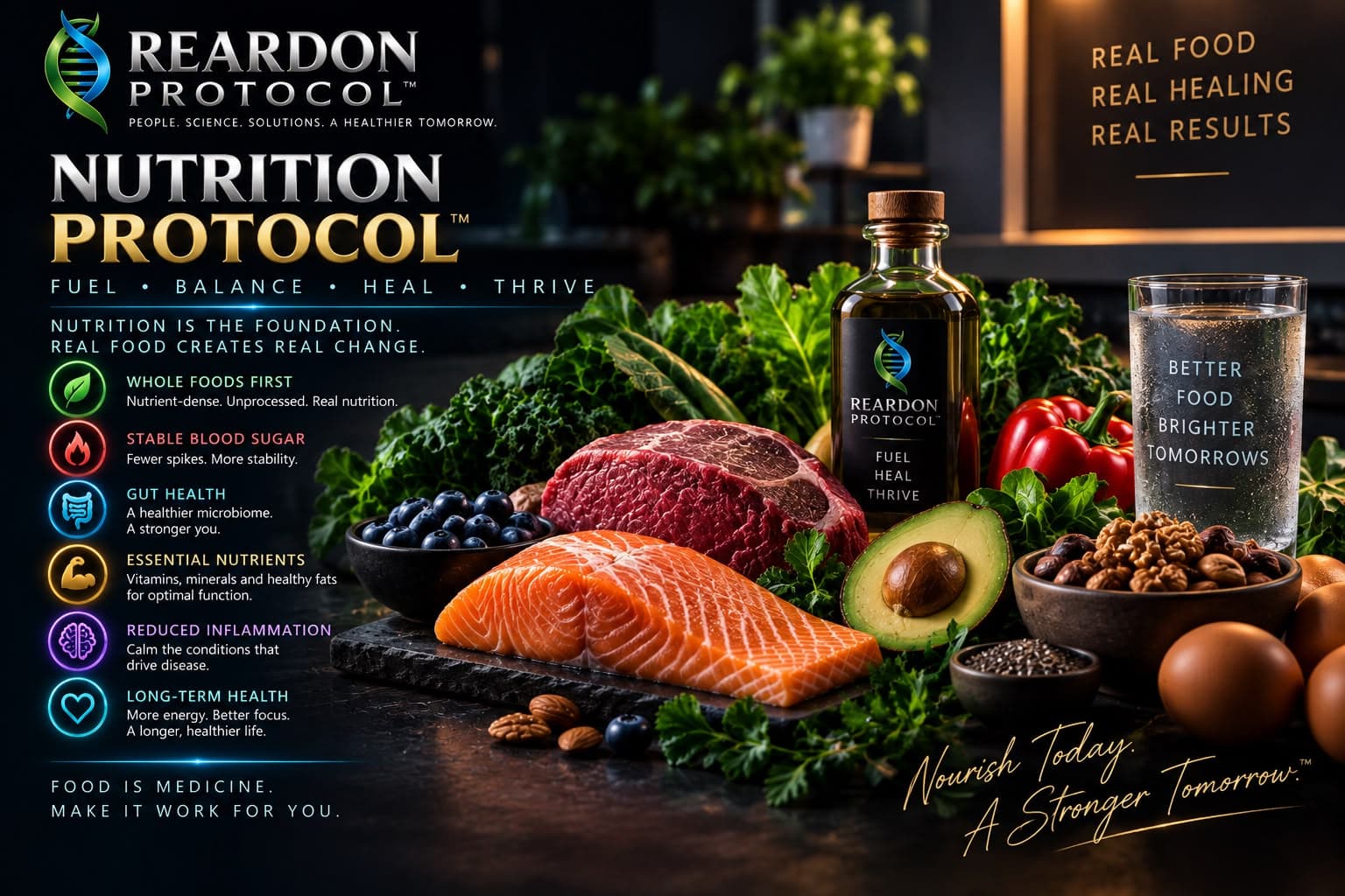 A spread of salmon, steak, berries, avocado, kale, nuts and eggs with a bottle of oil, beside a list of whole foods, stable blood sugar, gut health, essential nutrients and reduced inflammation.