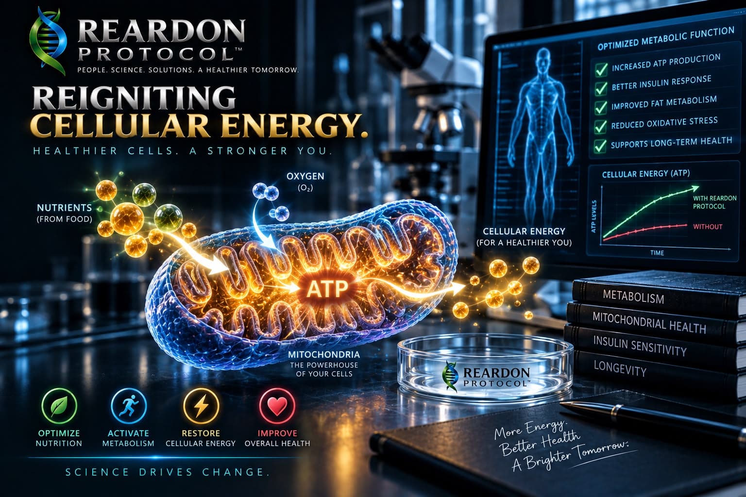 An illustration of a glowing mitochondrion turning nutrients and oxygen into ATP, beside a lab monitor and a stack of metabolism and longevity books.