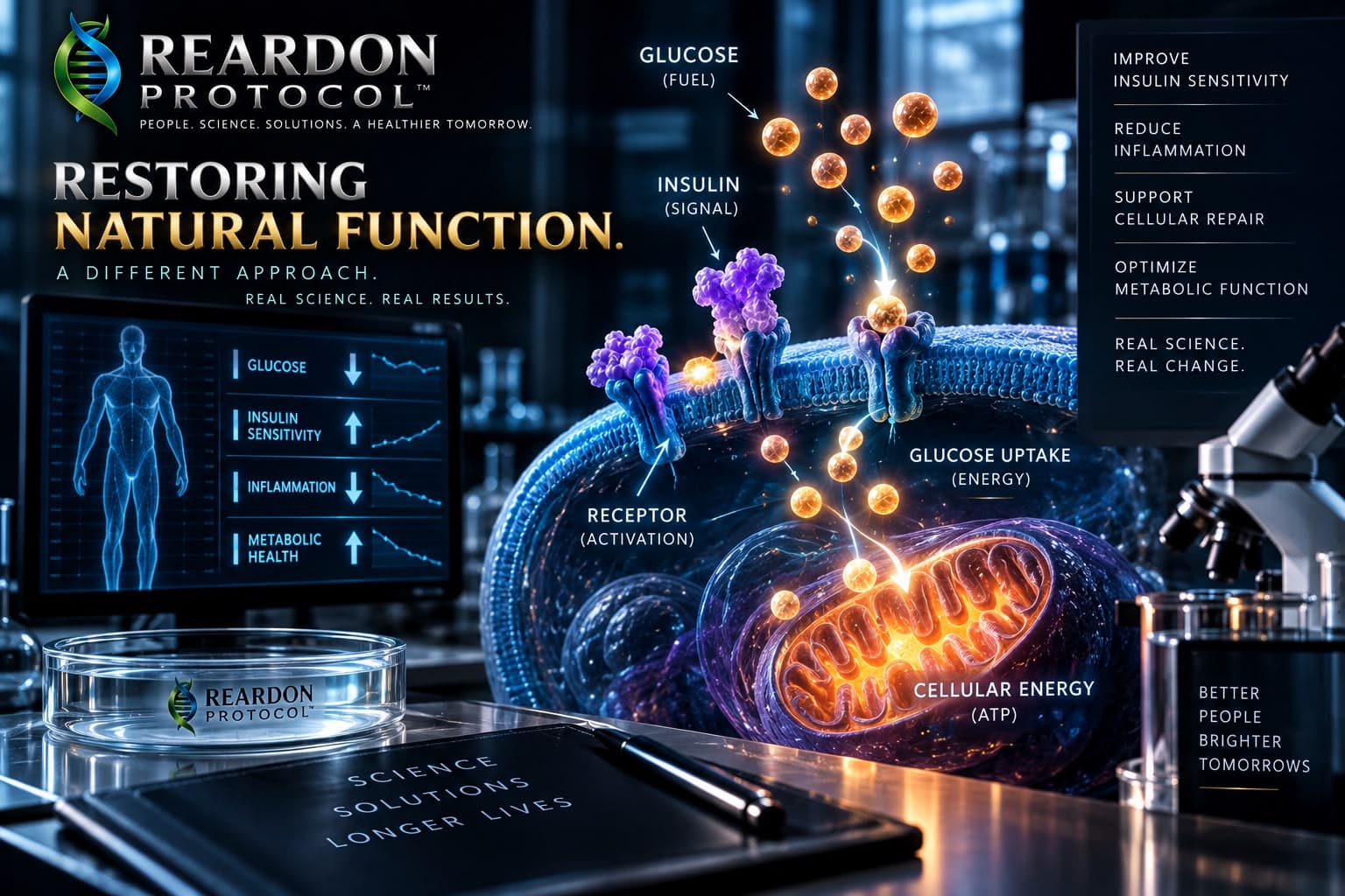 An illustration of insulin binding to receptors on a cell membrane so glucose can enter and feed the mitochondria, with a monitor showing glucose, insulin sensitivity and inflammation trends.