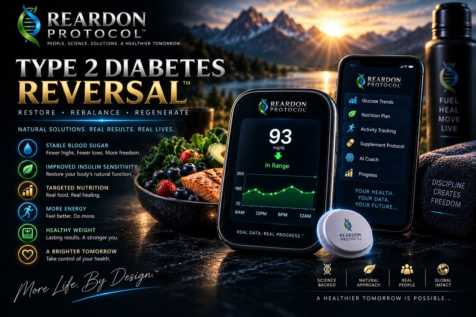 A glucose reader showing 93 mg/dL in range and a phone app with glucose trends, nutrition plan, activity, supplements and AI coach, beside a plate of salmon and berries, with mountains at sunrise behind.